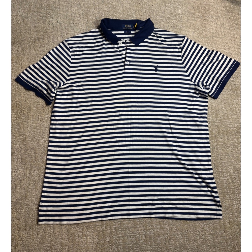 Polo‎ Ralph Lauren Classic Fit Striped Polo Shirt Navy Blue White Mens XL